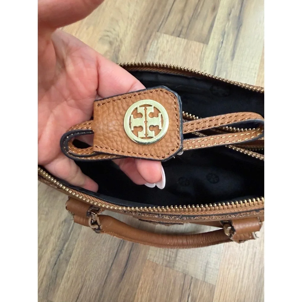 Tory Burch Brown Leather Satchel Crossbody Double Zip Logo Bag